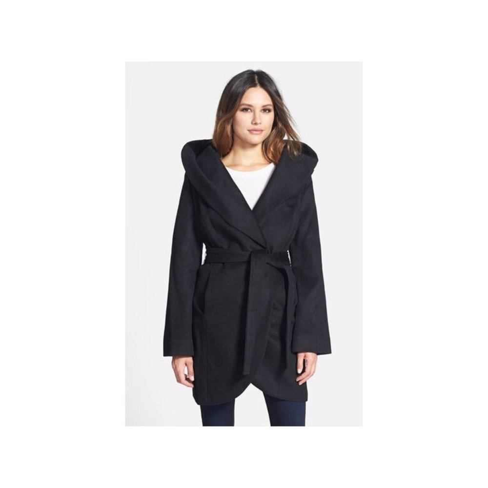 $370 Tahari Wool Blend Belted Wrap Coat shawl collar Black Jacket Winter S/M/L - Picture 3 of 8